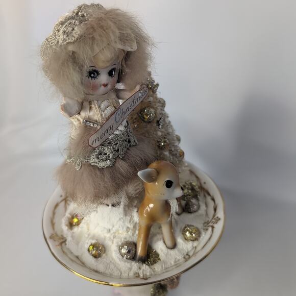 Handmade Christmas Assemblage on China Pieces Bottlebrush Tree Deer Doll - Picture 8 of 13